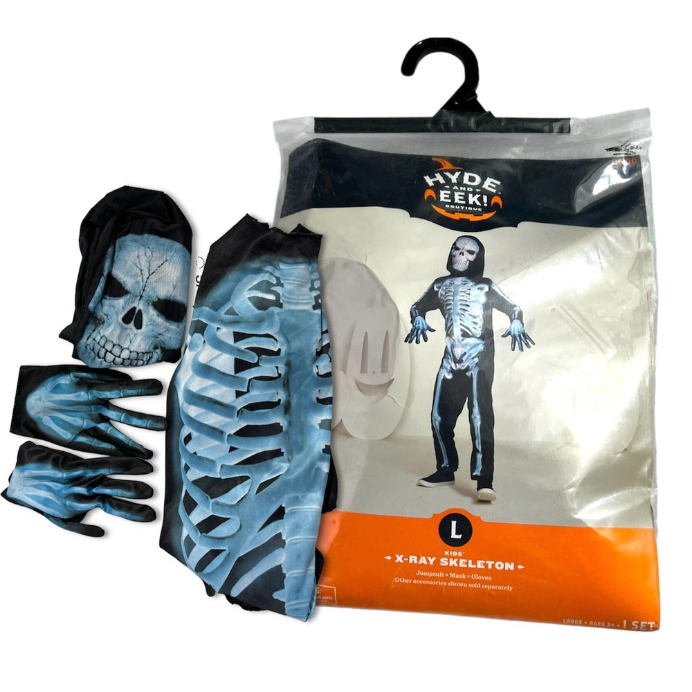 X Ray Blue Bones Skeleton Cosplay Black Jumpsuit Mask Gloves Set Kids Costume